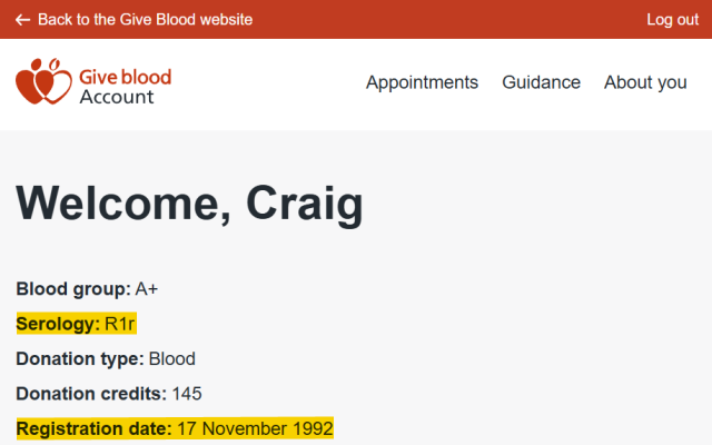 Chrome Web Store screenshot of the Blood.co.uk donor account screen (the donor name and account values are not real).